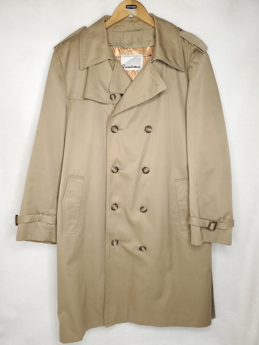 Vintage 80s Raintamer Trench Coat Double Breasted 44R Plaid Lined