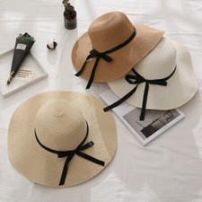 Floppy Foldable Women Ladies Straw Beach Sun Hat Summer Travel Wide Brim Caps UK