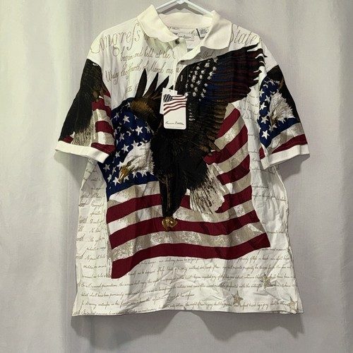 Vintage American Flag 4th Of July Poloshirt Herren Größe L Neu mit Etikett E568