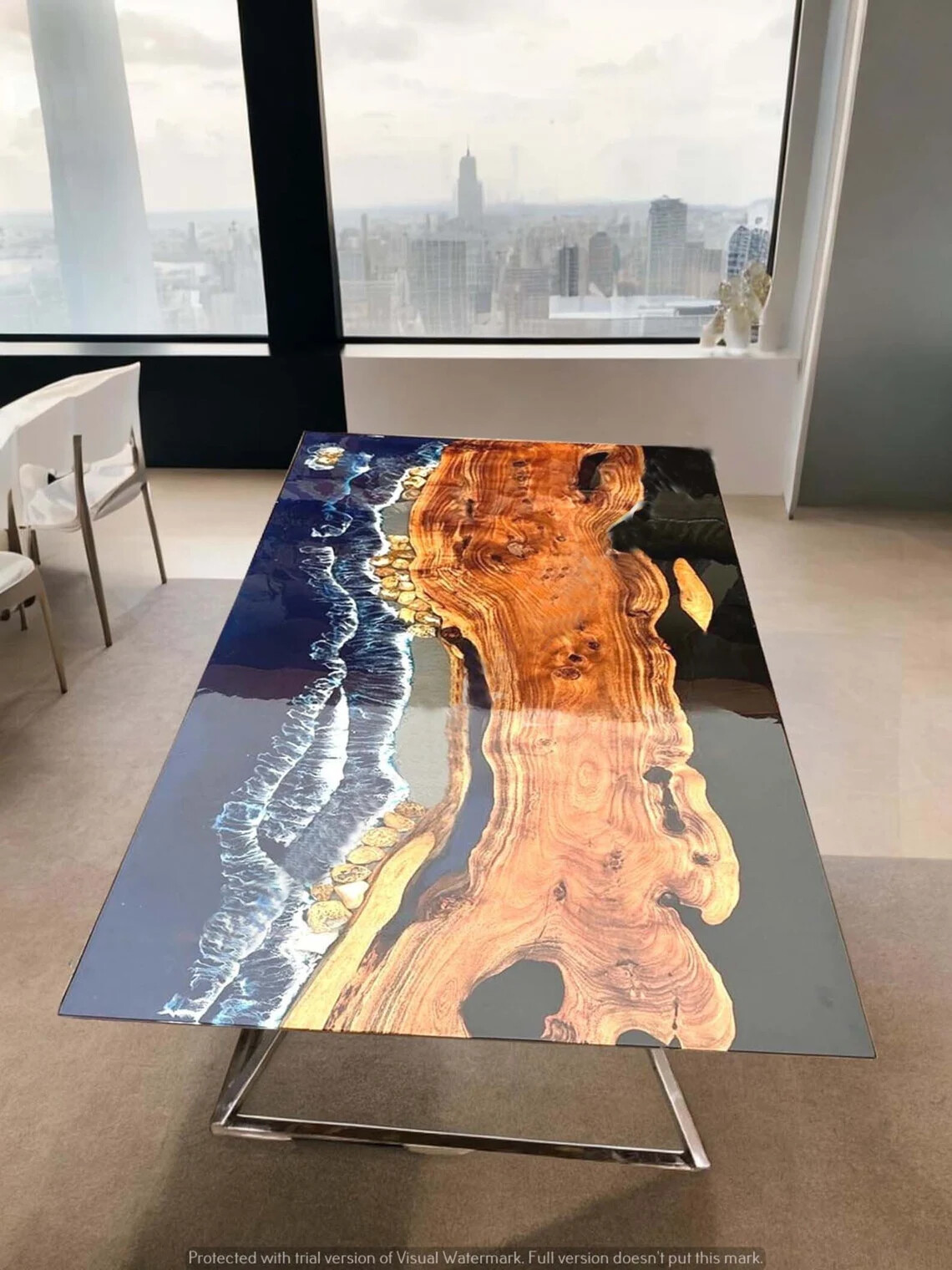 Ocean Wave Epoxy Resin Center Sofa Dining Table Top Natural Acacia Wooden Tables