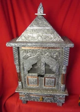 Wooden Mandir with Aluminum Sheet Finish Oxidized Home Temple Wooden Pooja