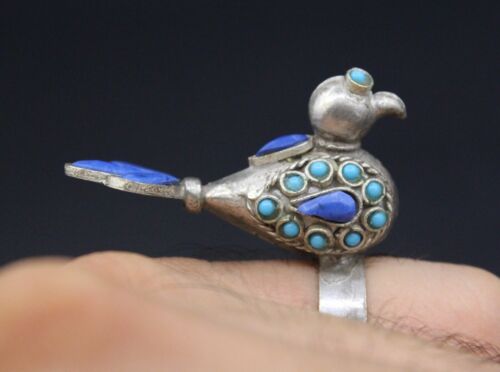 Afghan Tribal Ring, Boho Costuming Jewelry Ring, Lapis Lazuli Stone Bird Ring, - Picture 1 of 9