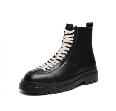 Men Leather Combat Ankle Boots Laces Side Zipper Chunky Lug  display picture 2