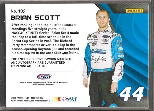 Brian Scott -Freshman Firesuits 2016 certificado Racing #103 automático dorado 25/09 - Imagen 2 de 2