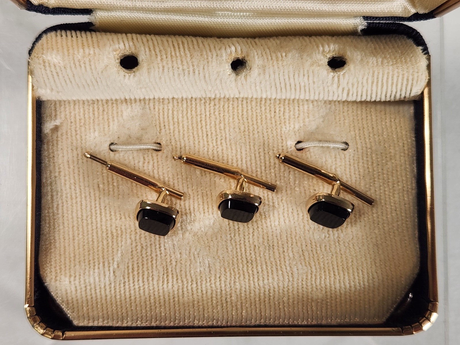 Hickok Art Deco Buff-Top Black Onyx Gold Tone Cufflinks & Shirt Studs Set (6N)
