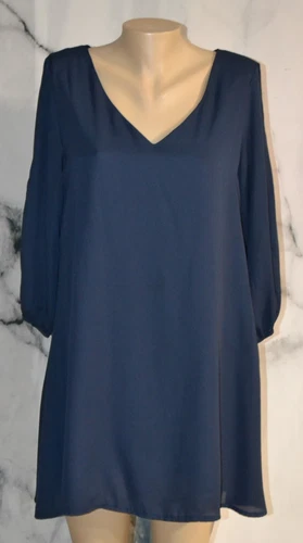 NOCTFLOS Navy Blue Dress Large 3/4 Sleeves V Neckline Lined 100% Polyester