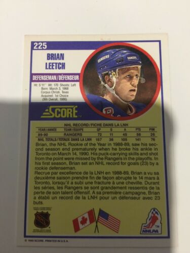 1990-91 Score Bilingual Brian Leetch #225 HOF New York Rangers - Picture 2 of 2