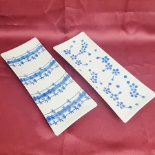 2 Porcelain Sushi Serving Dishes Appetizer Plates Blue & White Bamboo Rectangle