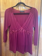THE LIMITED Cranberry Deep V 3/4 Sleeve Top With Satin Accent Around Waist - Siz
