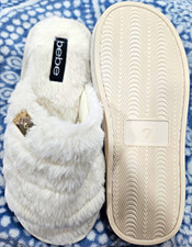 bebe Women's White Faux Fur Slide Slippers Slip-On Open Toe US 7 Memory Foam