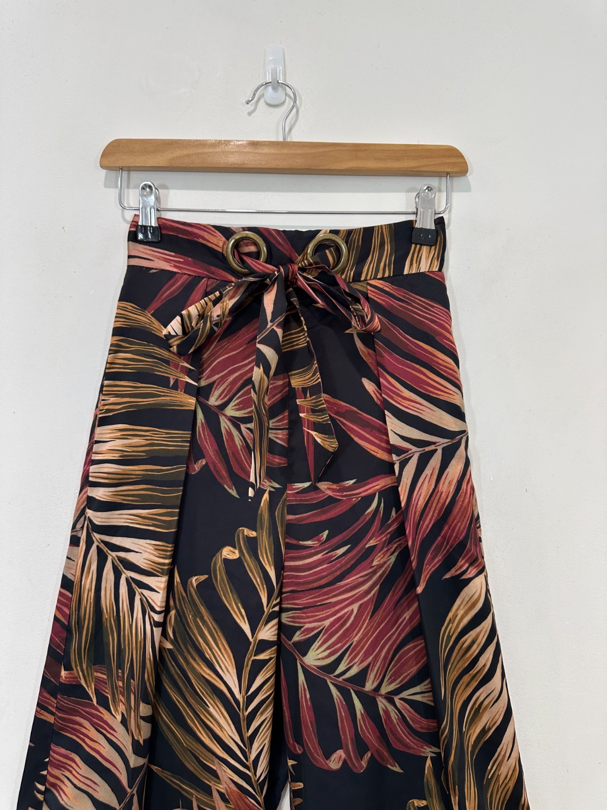 Sheike Wide Leg Pants Women AU 6 (24x30) Brown Leaf Print Zip Belted High Rise image 8