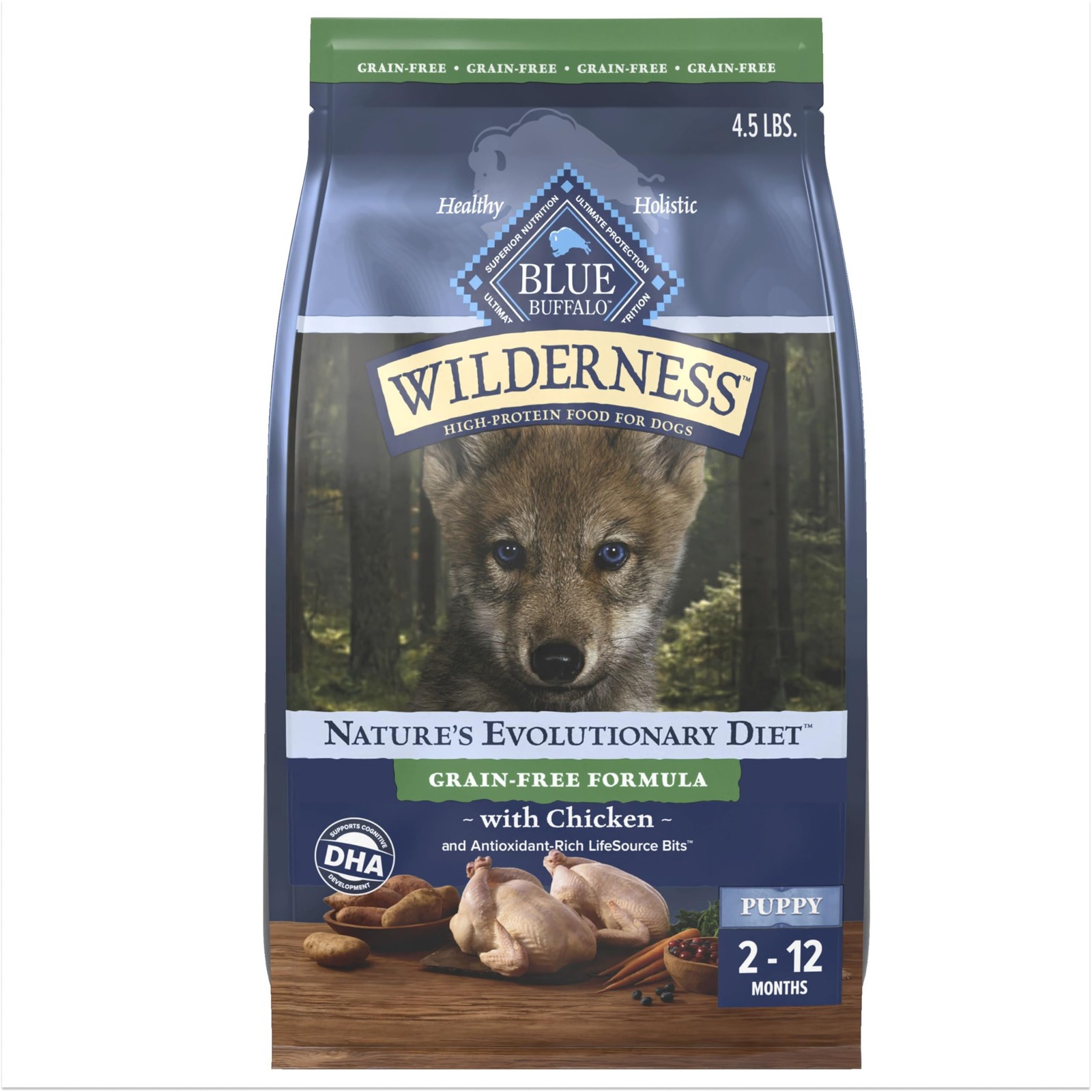 Blue Buffalo Wilderness Puppy Dry Dog Food, Chicken, Grain-Free, High-Protein, 4