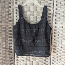Vtg Tank Top Black Ruffle Lace Textured Sleeveless 10P Whimsigoth Witchy Y2K