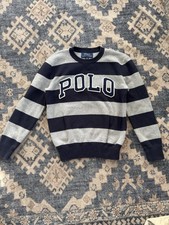 Polo Ralph Lauren Boys Striped Logo Sweater Gray Navy Size S/P Youth