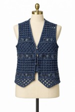 New Directions Denim Embroidered Floral Basket Weav Vest Vintage Sml Cottagecore
