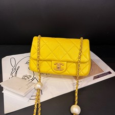 Chanel 24S Mini Lemon Yellow Flap Shoulder Crossbody Bag Lambskin Leather Auth