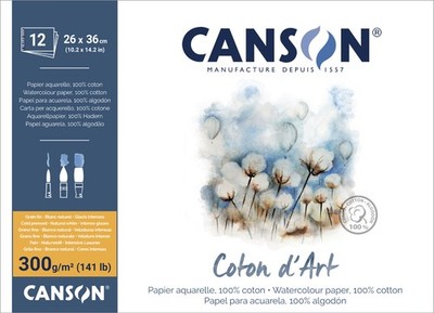 CANSON Aquarellblock ''Coton d'Art'' 260 x 360 mm naturweiß 12 Blatt