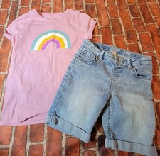 Cat Jack Girls Rainbow Denim Short Set Sz 7/8 7 8 Summer