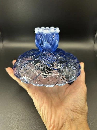 Vintage Fenton Glass Blue Opalescent Water Lily Candlestick Holder