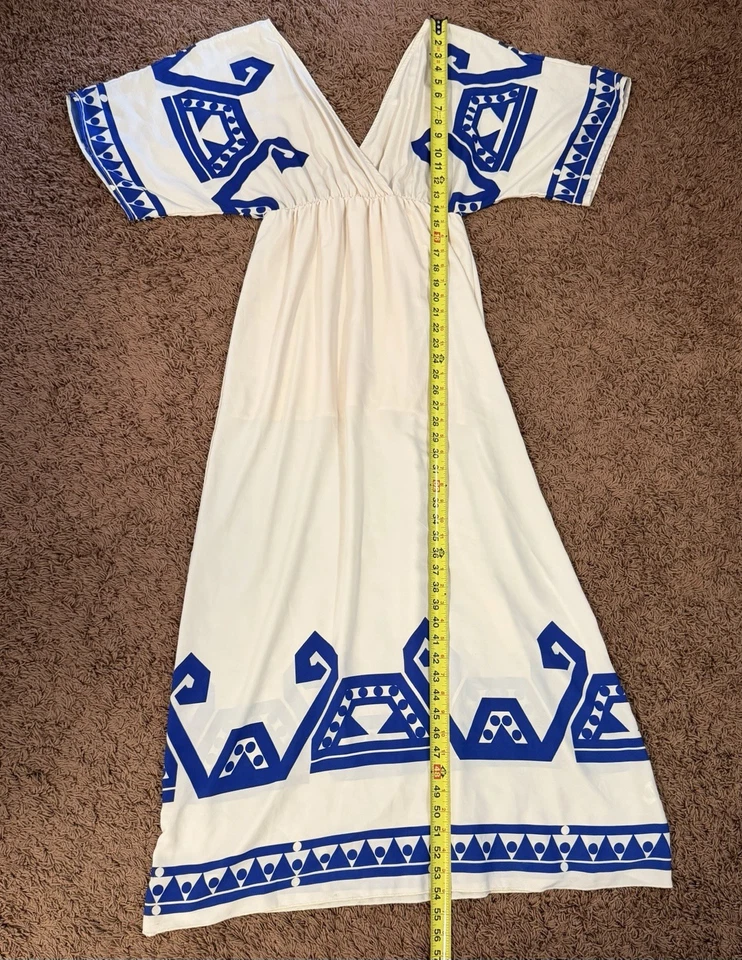 Maxi Vestido Para Mujer Crema SAGE Medio Verde Estampado Griego Manga Corta Resort Vibes Foto 3 de 4