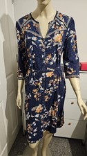 Monsoon Embroidered Dress UK 16 Blue Floral Cotton Button Front Midi Dress