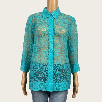 Ruby Rd Size 12 Aqua Blue Sheer Burnout Abstract Print Button Front Blouse Shirt