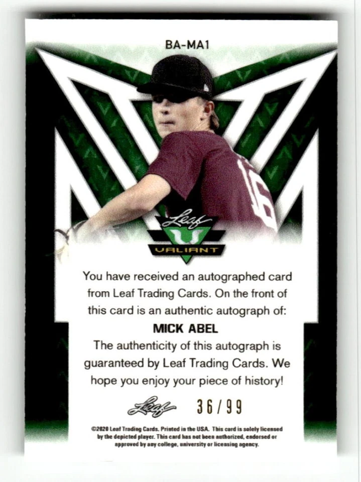 2020 Leaf Valiant Autograph Green BA-MA1 Mick Abel RC Rookie AUTO 36/99 Phillies - Image 2 of 2
