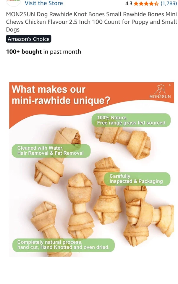 Mon2sun Dog Rawhide Knot Bones Small Rawhide Bone Mini Chews Chicken Flavour 2.5 - Image 3 of 4