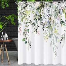 Green Shower Curtain Watercolor Leaf Eucalyptus Waterproof Hooks 72x72 Inch