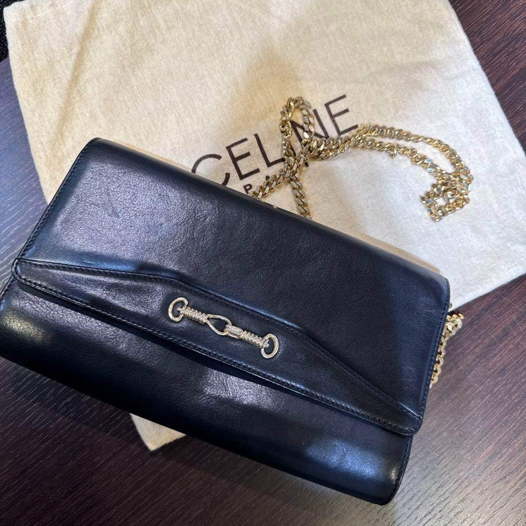Vintage CELINE Black Leather Chain Shoulder Bag Convertible 3-Way Clutch