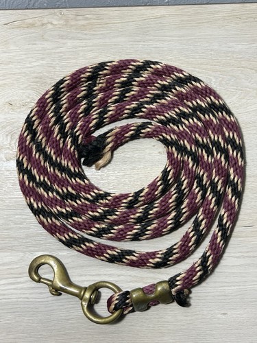 Burgundy Tan Black Poly Rope Horse Lead Rope Used Tack English Western Brass