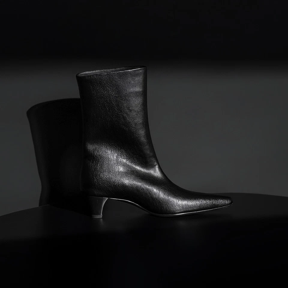 Botas francesas para mujer de cuero genuino a media pantorrilla retro tacón grueso botas de moda talla Foto 2 de 4