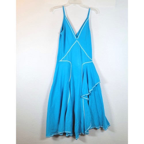 Esteban Cortazar Women Dress Linen Stitch Spanish Midi Size Medium Aqua Blue