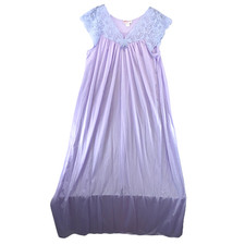 Vtg Shadowline Gown Nightie Womens Sz Large Long Lavender Lace Cap Sleeve Bow