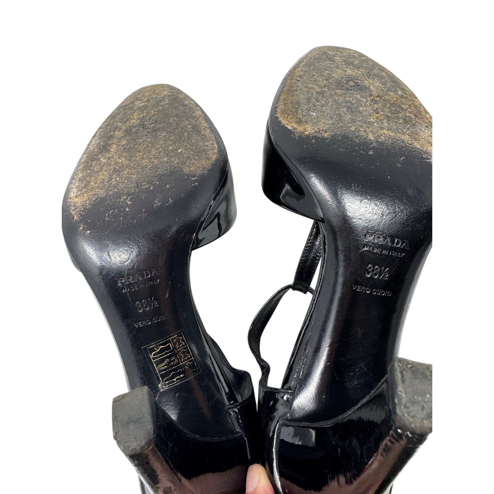 Prada Black Patent Leather T-Strap Metallic Ombre Toe Pumps Heels EU 38.5 thumbnail 11