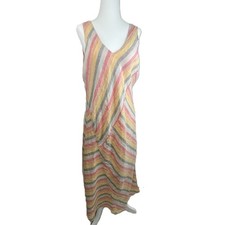 J Jill Love Linen Petite M Striped Linen Maxi Dress Summer Coastal Casual Lined