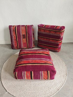 Marokkanischer Vintage Pouf, Berber Bodenkissen, Boho Sitzkissen aus Wolle, Coc