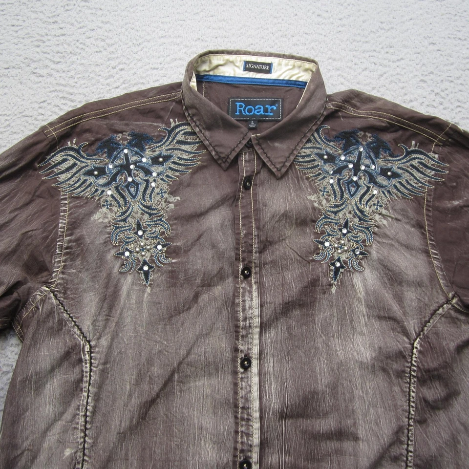 Camisa Roar Para Hombres Grande Marrón Bordado Cristal Perla Occidental Snap Lordship Foto 4 de 4