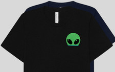Listing image for Green Alien Head T-Shirt | Retro 90s Sci-Fi UFO Pocket Print | Sustainable Gift