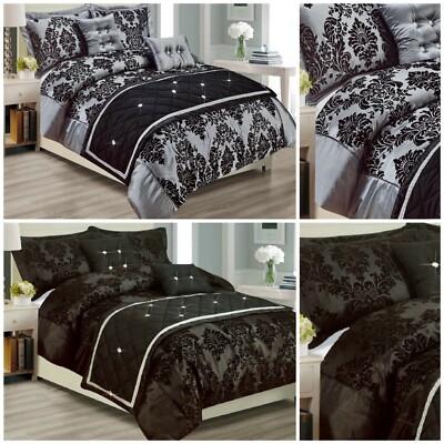 Grey Black Luxury Damask Printed Duvet Quilt Cover Bedding Set