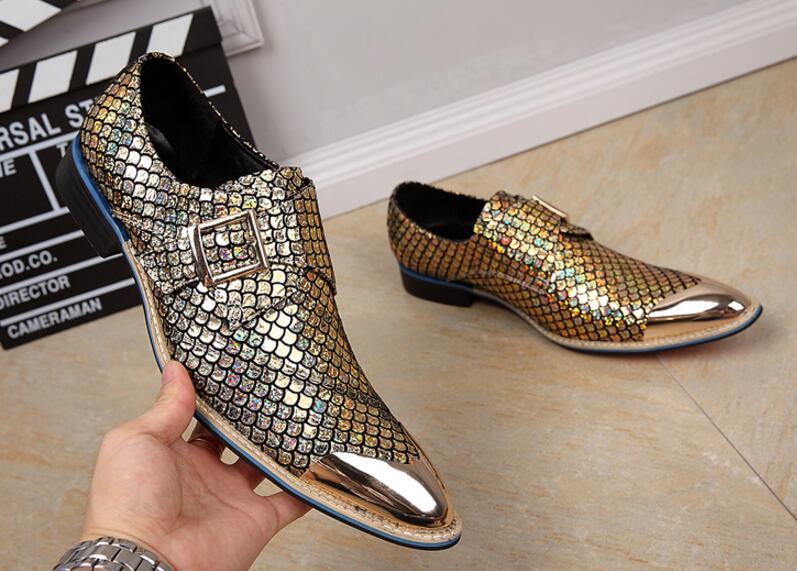 Nuevo Moda Para hombres Escala de Peces Metal Punta Punta Peluquería Cuero Zapatos Formales