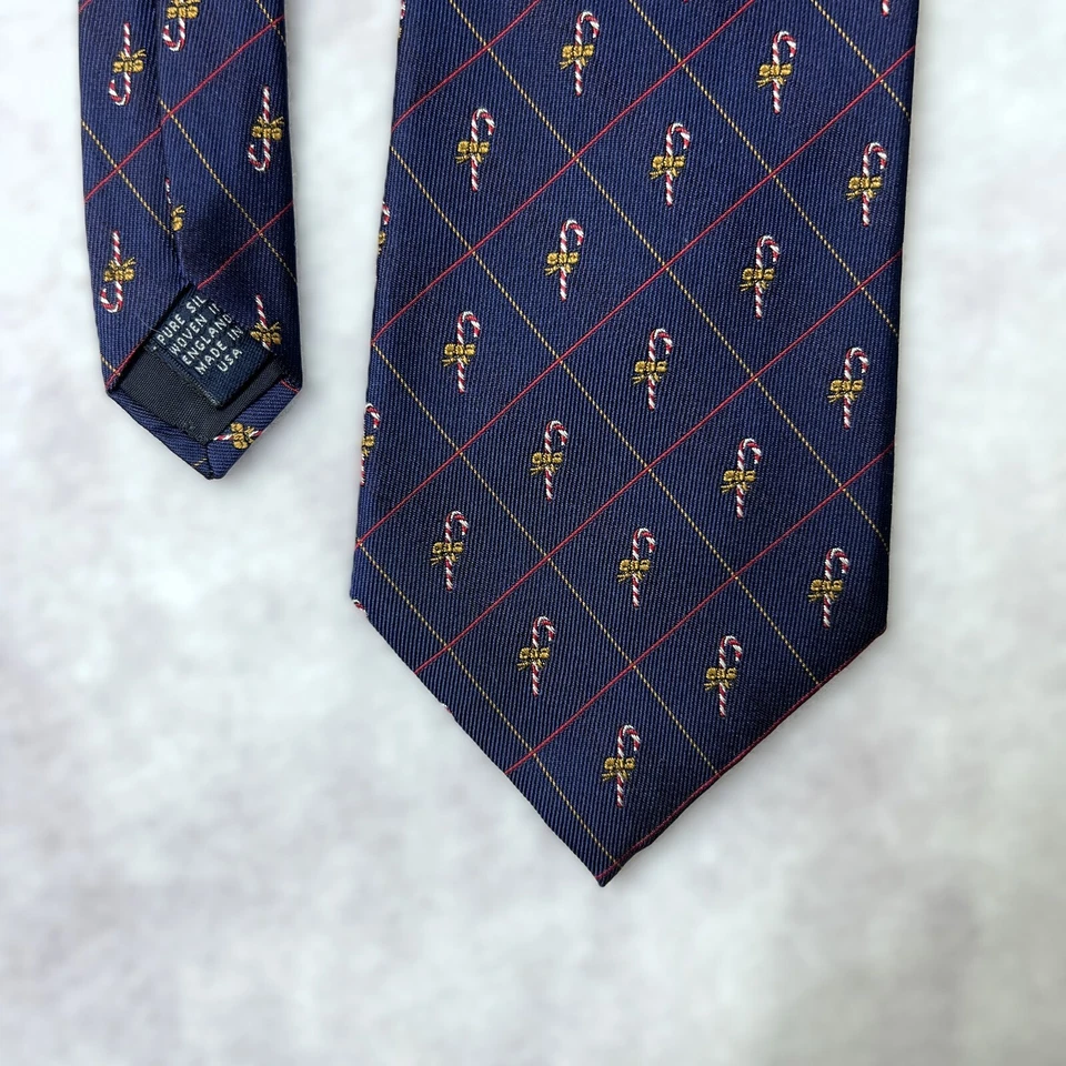 Brooks Brothers Makers 100% Silk Tie Christmas Candy Canes Blue Made in USA - Image 2 of 4