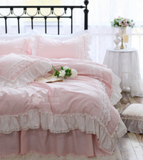 Romantic Bedding Set Queen Franch Style Duvet Cover Set Pink Elegant Lace Ruffle
