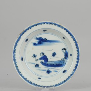 Antique Chinese Porcelain Plate 17th Lotus Fishing Ming Dynasty Tianqi/C...