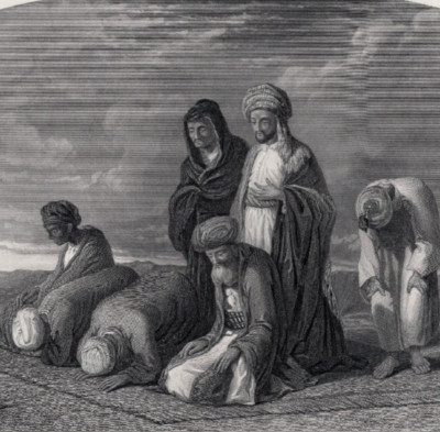 MEN PRAY -Middle Eastern Desert Scene Camels Architecture 1882 Antique Engraving