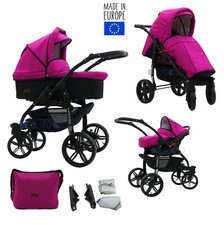Trio Carrozzina RUOTE GIREVOLI Combi Passeggino Ovetto auto 3in1 Nero-Rosa