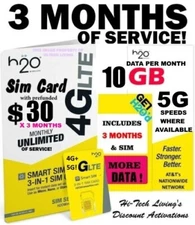 H2O H20 WIRELESS SIM ⭐w/ 3 MONTHS x $30 Plan ⭐ UNLIMITED T/T ✅ 10gb DATA !