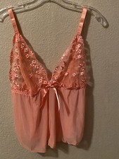 Vintage Peachy Orange Sheer Babydoll Lace Rhinestone Cami Size M