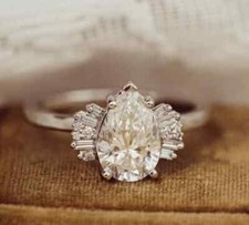 Pear Cut 9X6MM Moissanite With Baguette & Round Cluster 925 Silver Proposal Ring