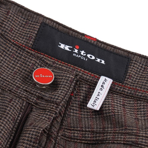 Kiton Slim Fit Brown-Burgundy Glen Plaid Mid-Weight Wool 5-Pocket Pants 34 Jeans - Picture 4 of 8